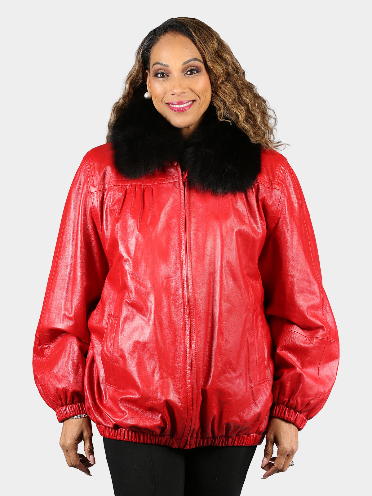 Woman's Plus Size Dyed Red Leather Jacket with Black Sheared Rex Rabbit Fur Liner