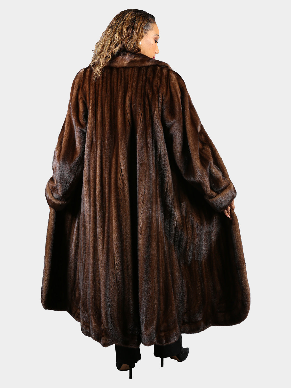 Woman's Mahogany Female Mink Fur Coat with Directional Hemline