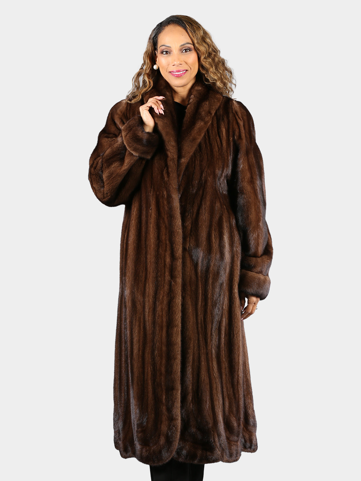 Woman's Mahogany Female Mink Fur Coat with Directional Hemline