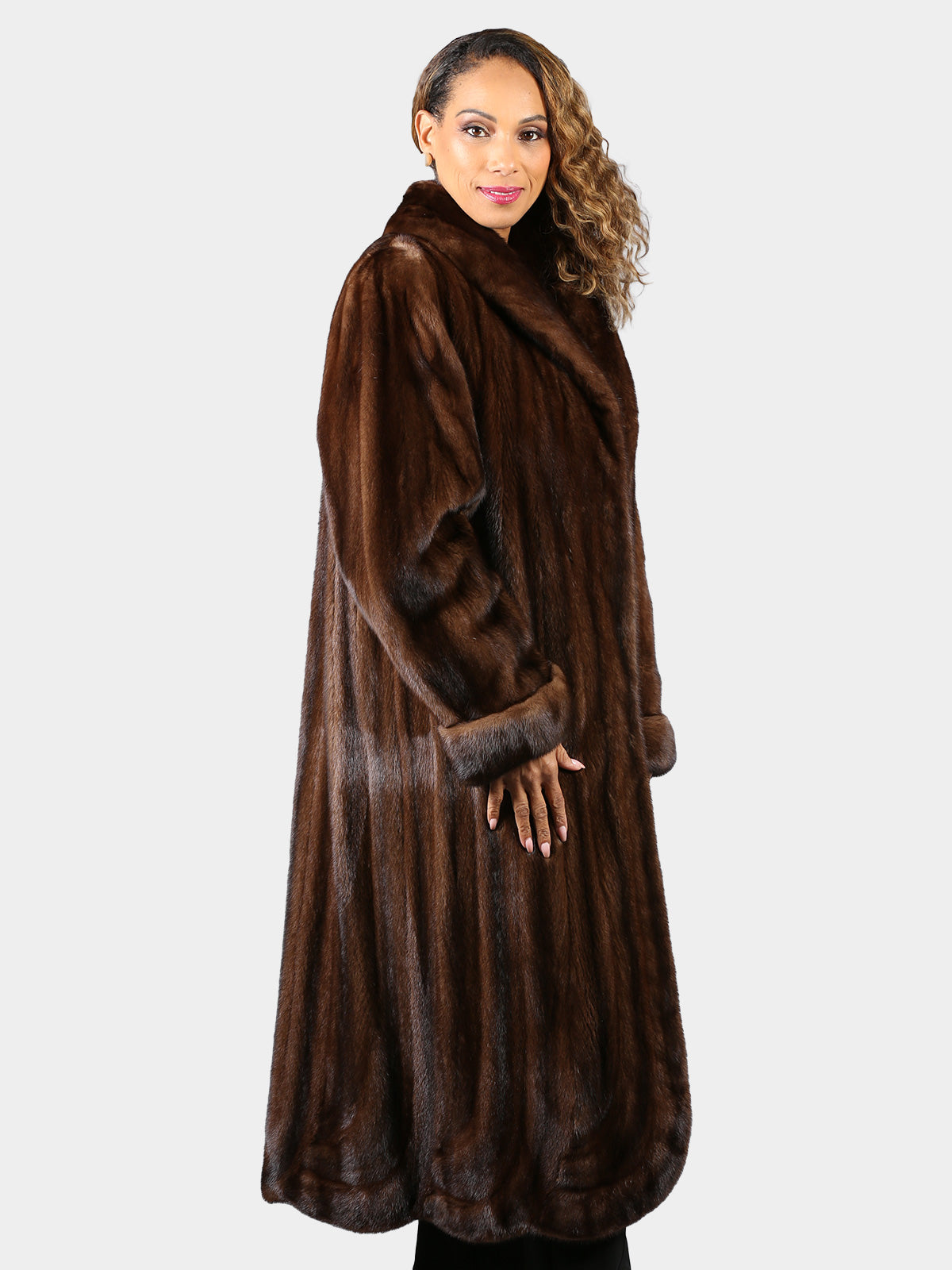 Woman's Mahogany Female Mink Fur Coat with Directional Hemline