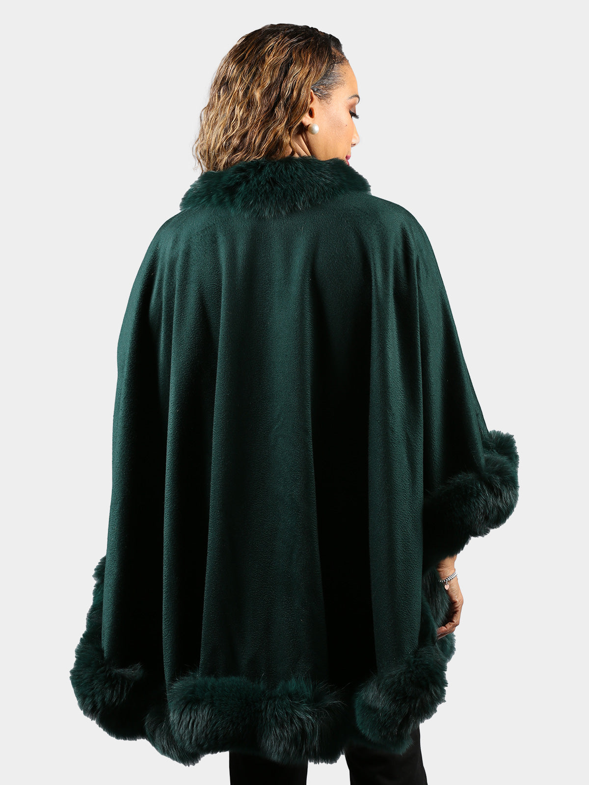 Woman's Dyed Deep Green 100% Cashmere Wool Cape with Dyed Fox Fur Trim