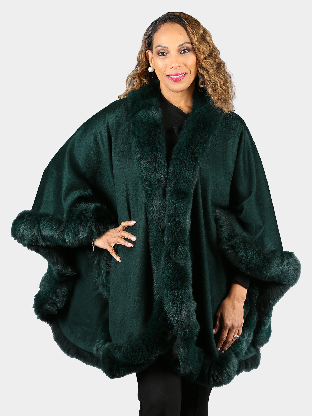 Woman's Dyed Deep Green 100% Cashmere Wool Cape with Dyed Fox Fur Trim
