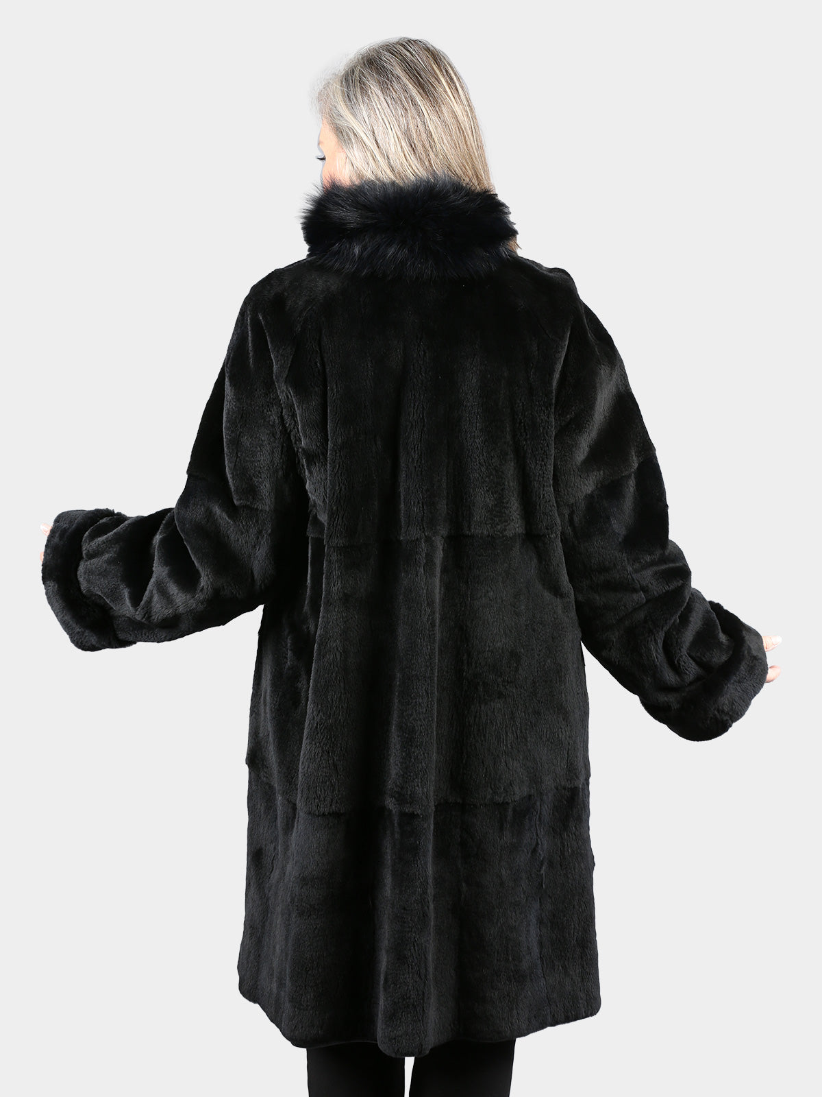 Woman's Dyed Navy Sheared Mink Fur 3/4 Coat with Fox Tuxedo Front Reverses to Leather
