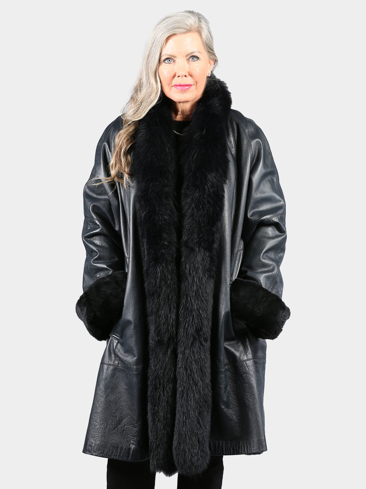 Woman's Dyed Navy Sheared Mink Fur 3/4 Coat with Fox Tuxedo Front Reverses to Leather