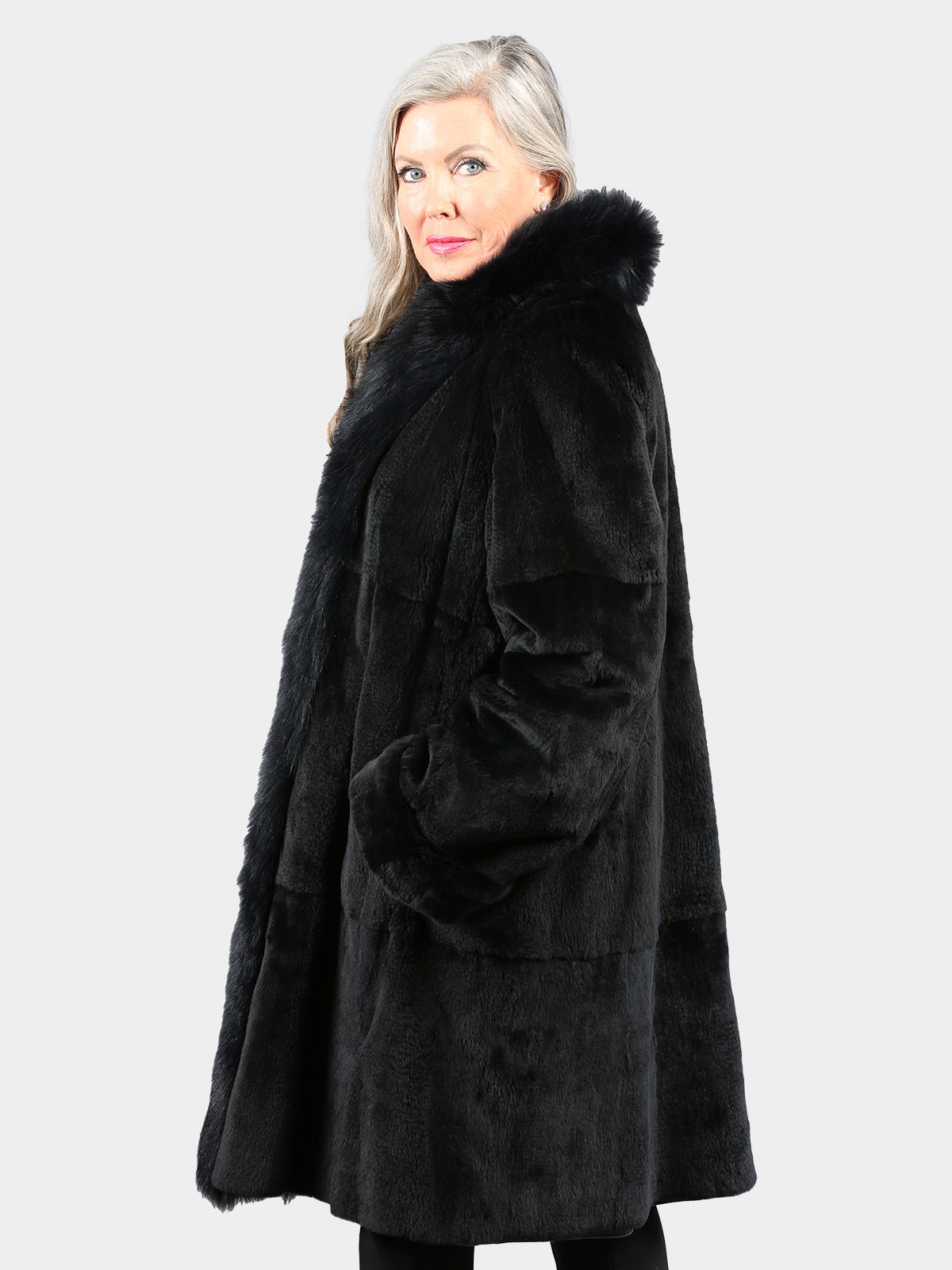 Woman's Dyed Navy Sheared Mink Fur 3/4 Coat with Fox Tuxedo Front Reverses to Leather