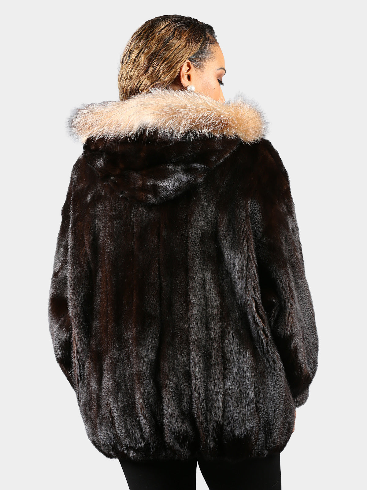 Woman's Plus Size Mahogany Female Mink Fur Jacket with Detachable Hood