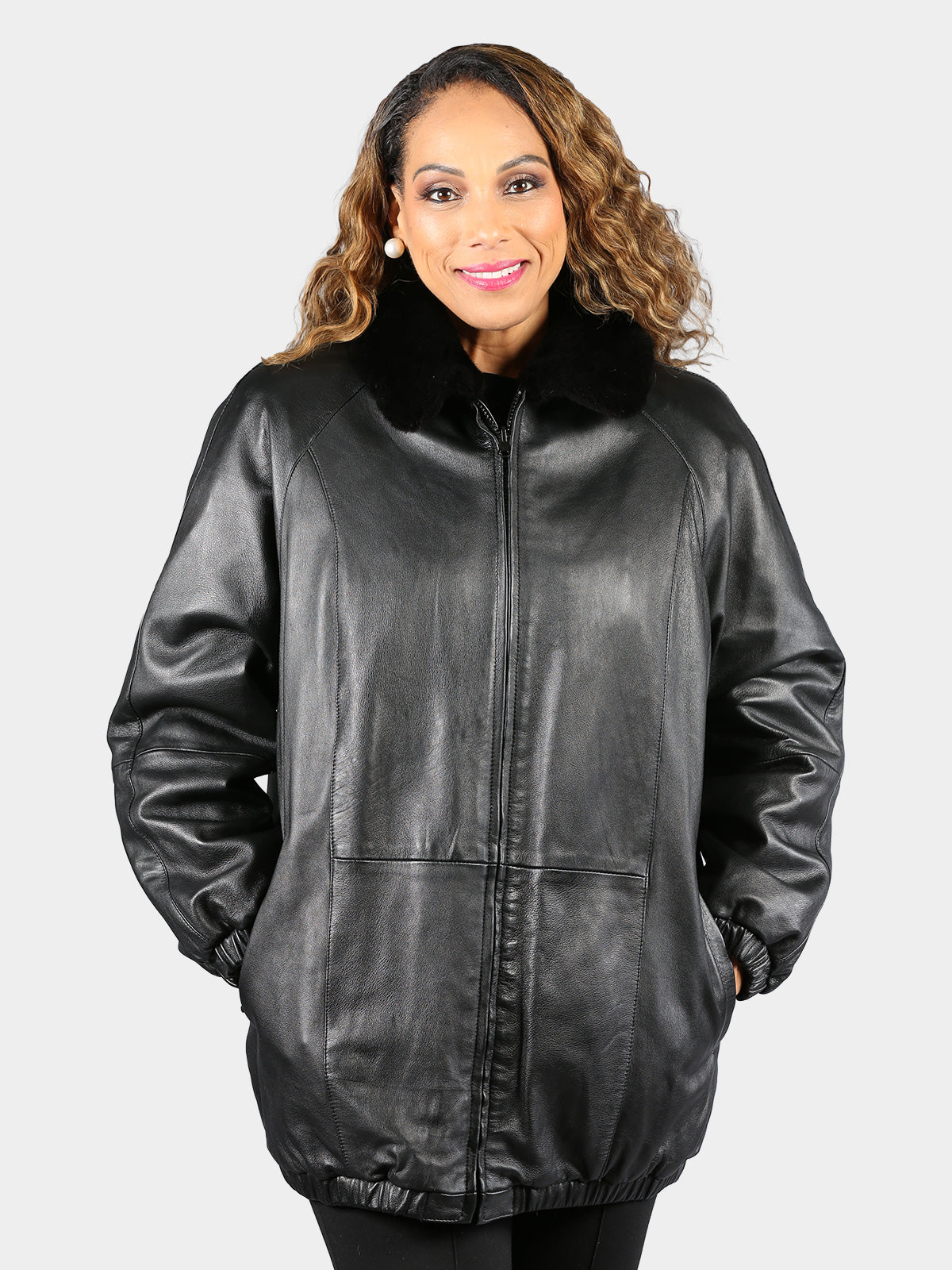 Woman's Plus Size Ranch and Lunaraine Mink Fur Jacket in Chevron Pattern Reverses to Black Leather