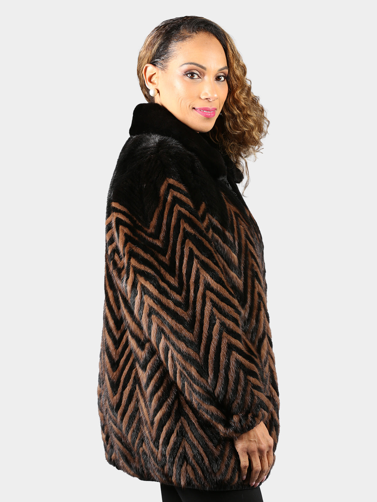 Woman's Plus Size Ranch and Lunaraine Mink Fur Jacket in Chevron Pattern Reverses to Black Leather