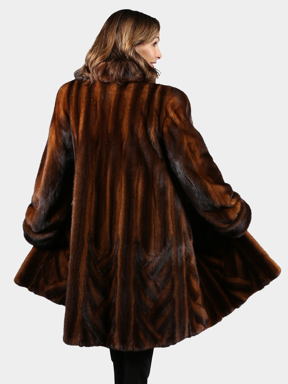 Woman's Mahogany and Whiskey Female Mink Fur 3/4 Coat with Intricate Design