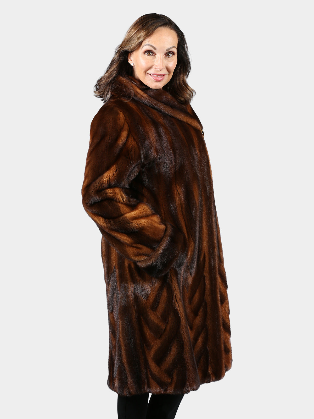 Woman's Mahogany and Whiskey Female Mink Fur 3/4 Coat with Intricate Design