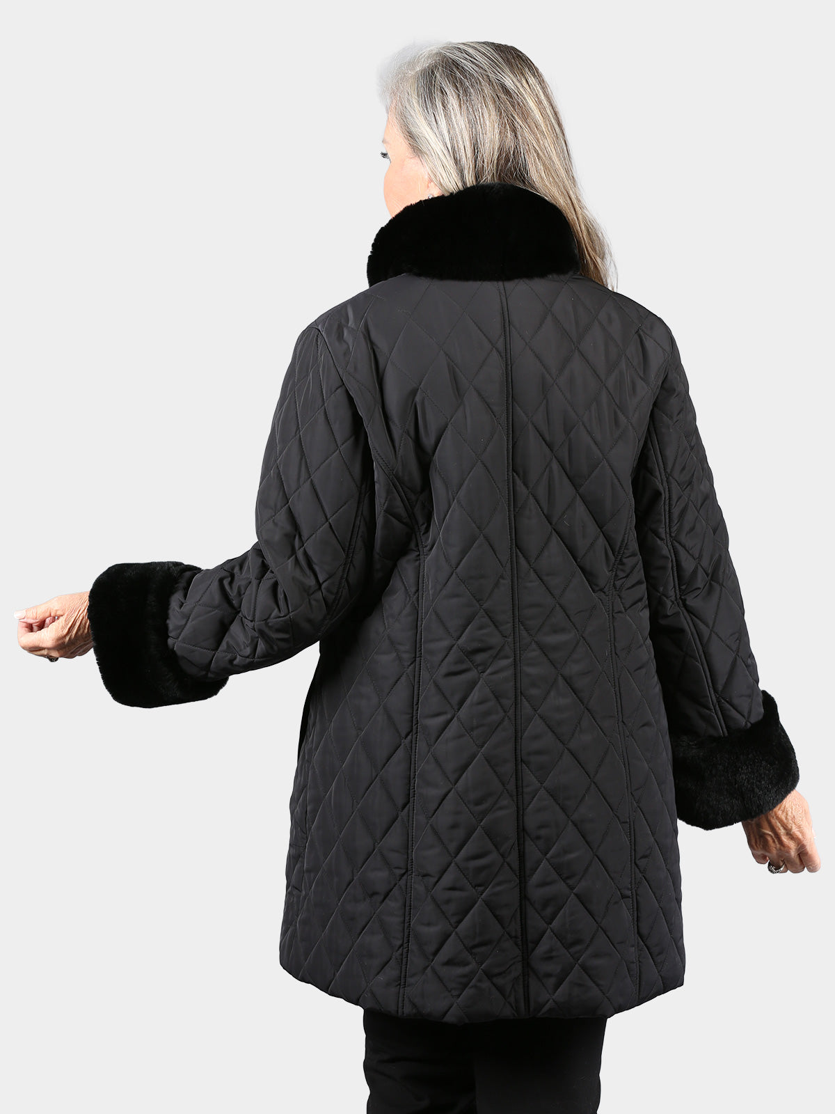 Woman's Dyed Black Quilted Fabric Stroller with Rex Rabbit Fur Trim