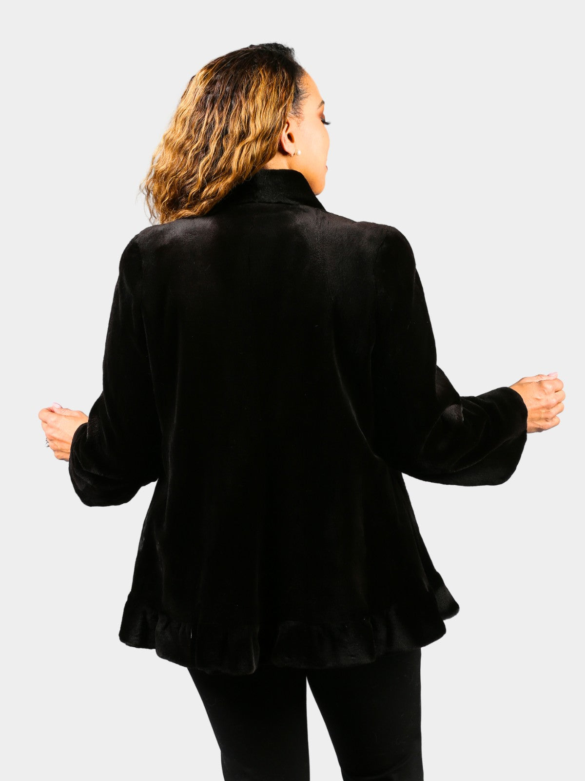 Woman's Dyed Black Sheared Mink Fur Jacket with Ruffles