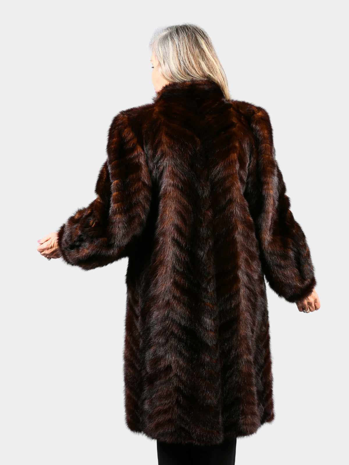 Woman's Mahogany Mink Tail Fur 7/8 Coat with Herringbone Design