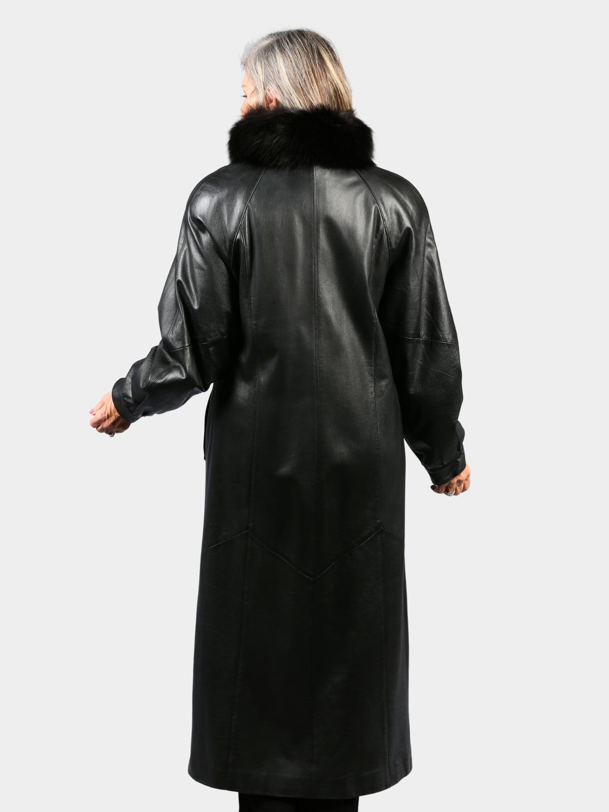 Woman's Dyed Black Leather Coat with Black Fox Trim