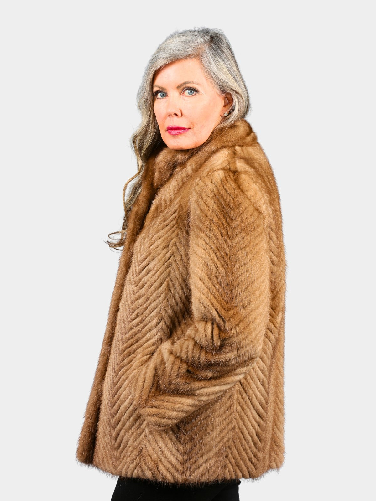 Woman's Pastel Cord Cut Mink Fur Jacket in Chevron Design