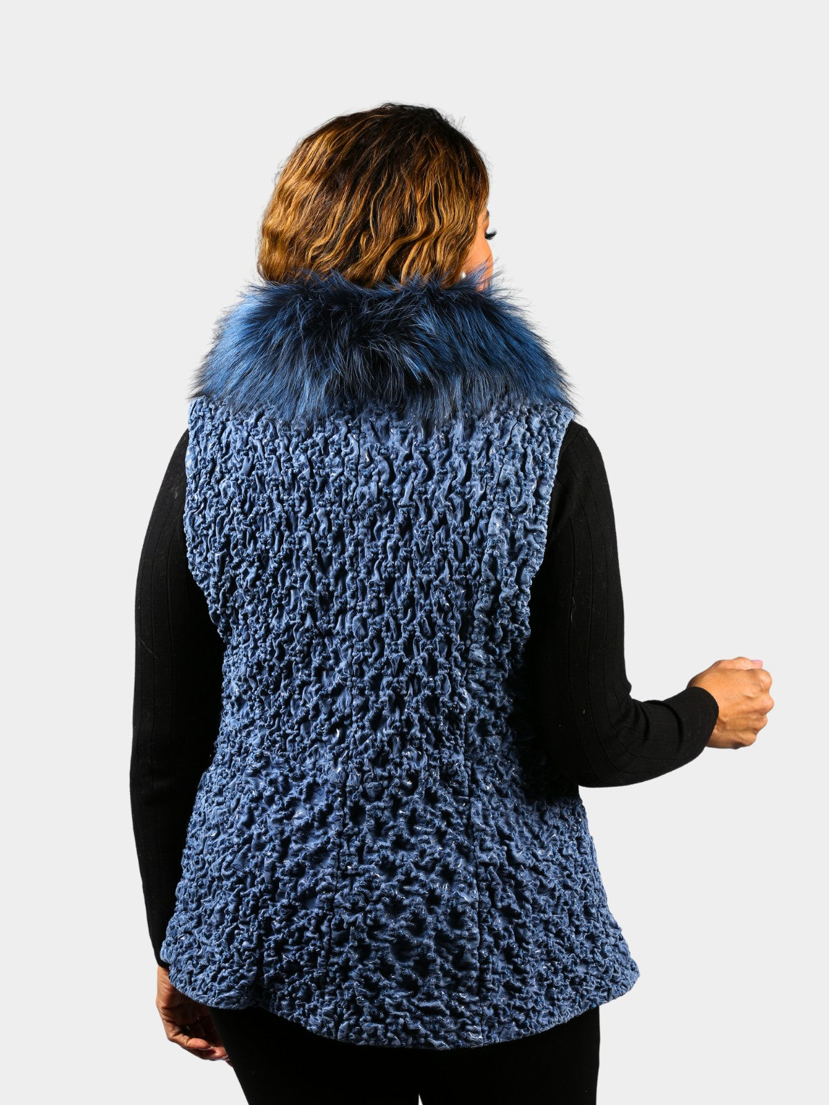 Woman's Dyed Ice Blue Bubble Stretch Leather Vest with Silver Fox Collar