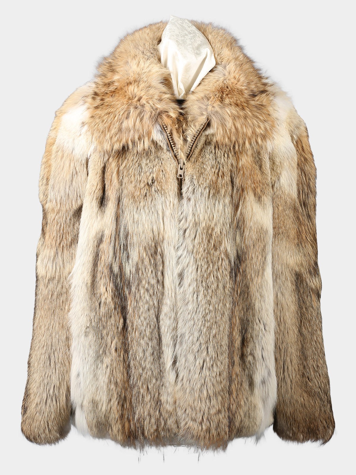 Man's Plus Size Natural Coyote Fur Jacket with Finn Raccoon Trim on Collar