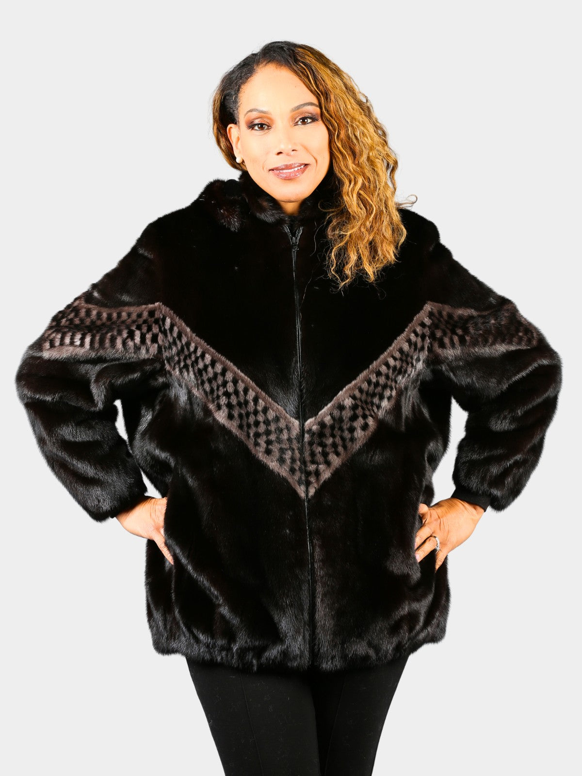 Woman's Dyed Black Sheared Mink Fur Stroller with Fox Trim (Reversible)