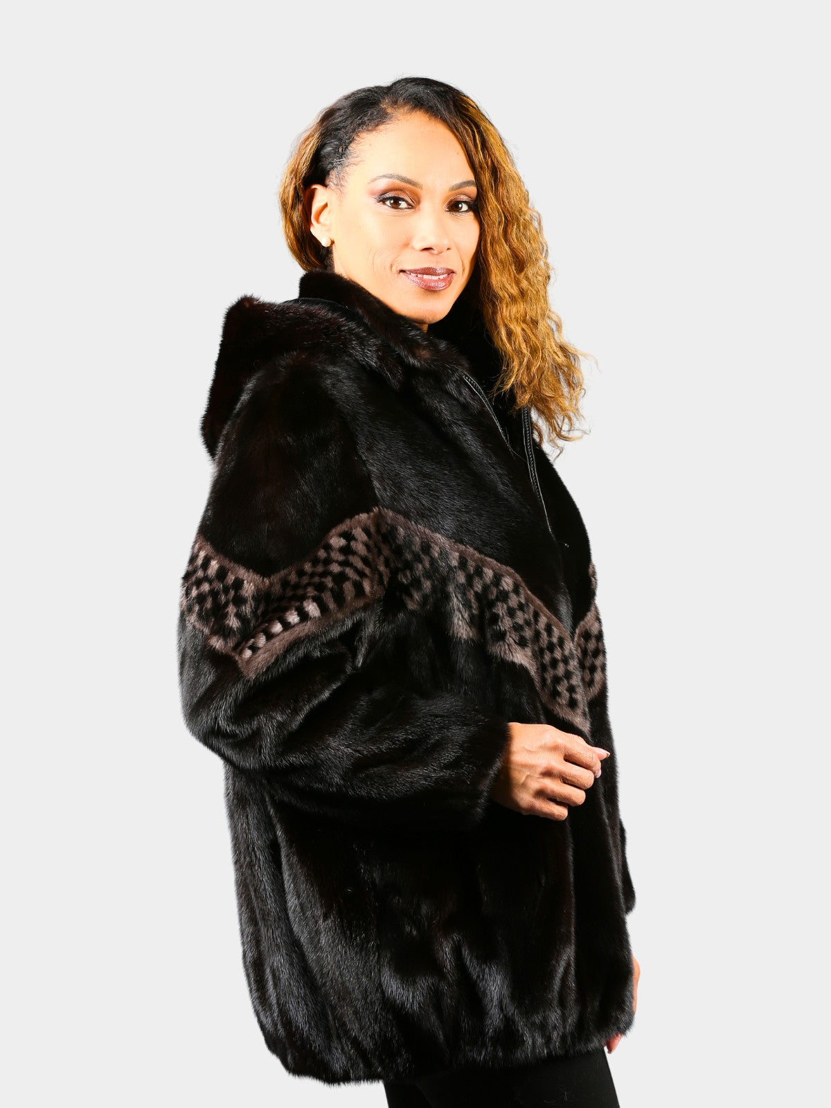 Woman's Dyed Black Sheared Mink Fur Stroller with Fox Trim (Reversible)