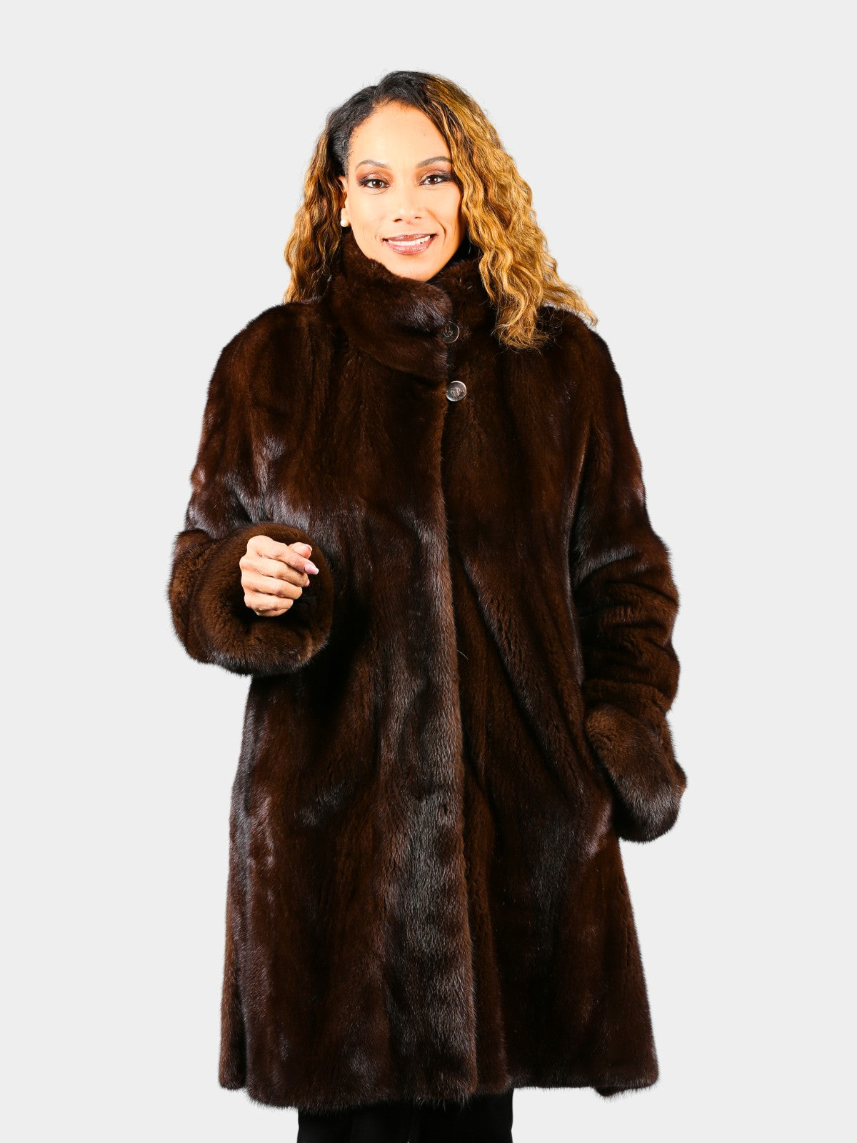 Woman's Mahogany Female Mink Fur 3/4 Swing Style Coat