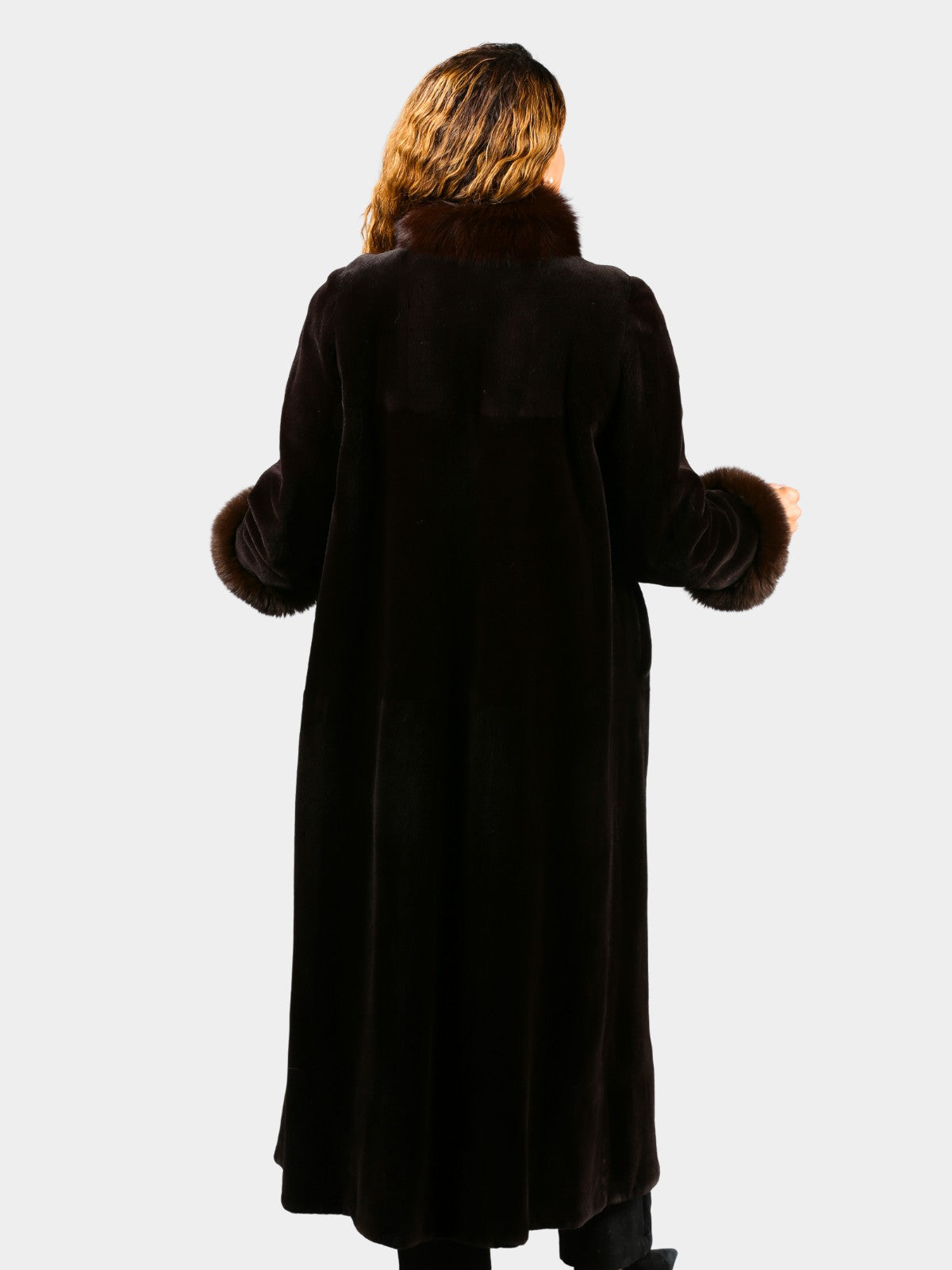 Woman's Dyed Dark Brown Sheared Mink Fur Coat with Fox Trim (Reversible)