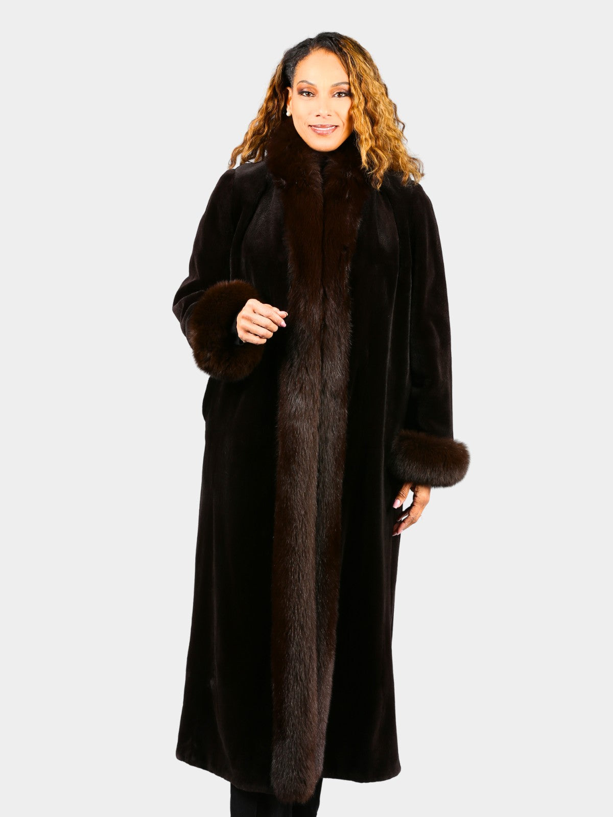 Woman's Dyed Dark Brown Sheared Mink Fur Coat with Fox Trim (Reversible)
