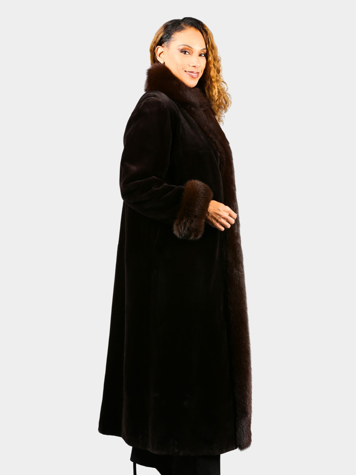 Woman's Dyed Dark Brown Sheared Mink Fur Coat with Fox Trim (Reversible)