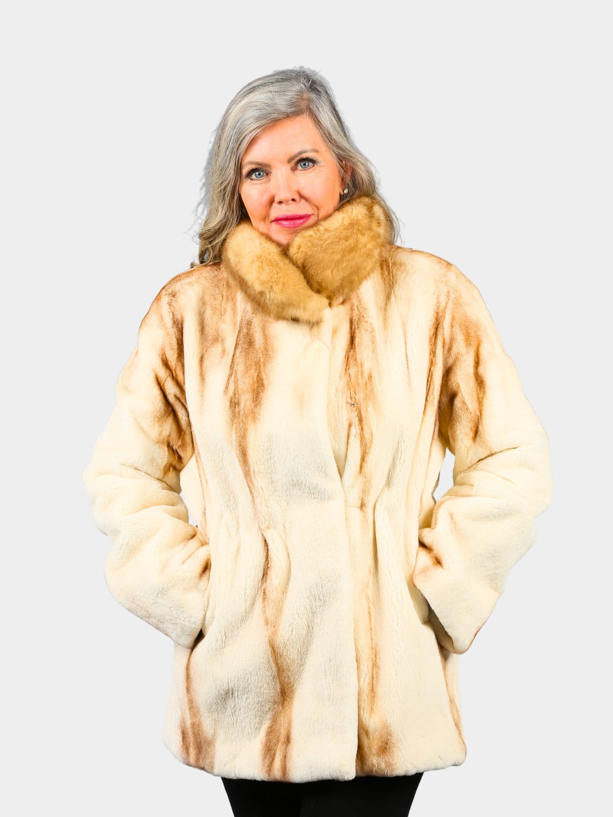 Woman's Semi Sheared Natural Brown Croos Mink Fur Jacket with Sable Collar