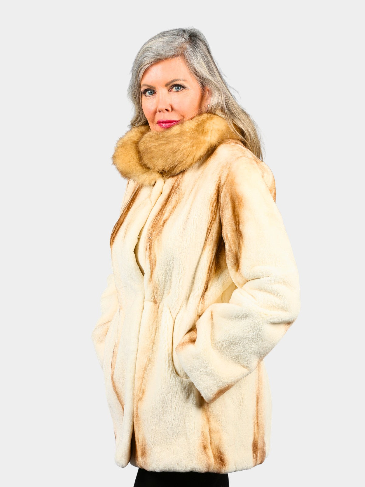 Woman's Semi Sheared Natural Brown Croos Mink Fur Jacket with Sable Collar
