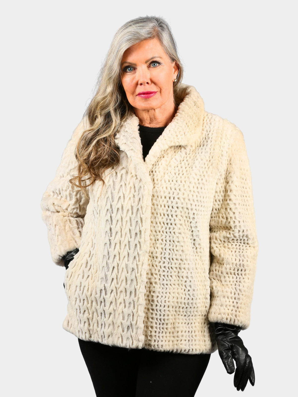 Woman's Semi Sheared Azurene Mink Fur Jacket Petite Short Sleeves