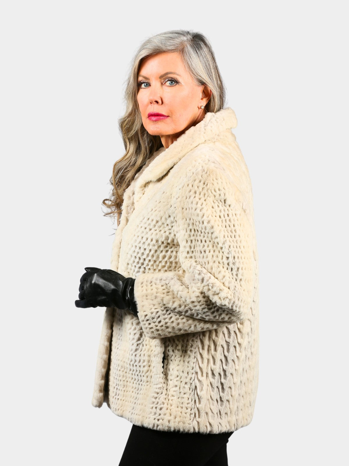 Woman's Semi Sheared Azurene Mink Fur Jacket Petite Short Sleeves