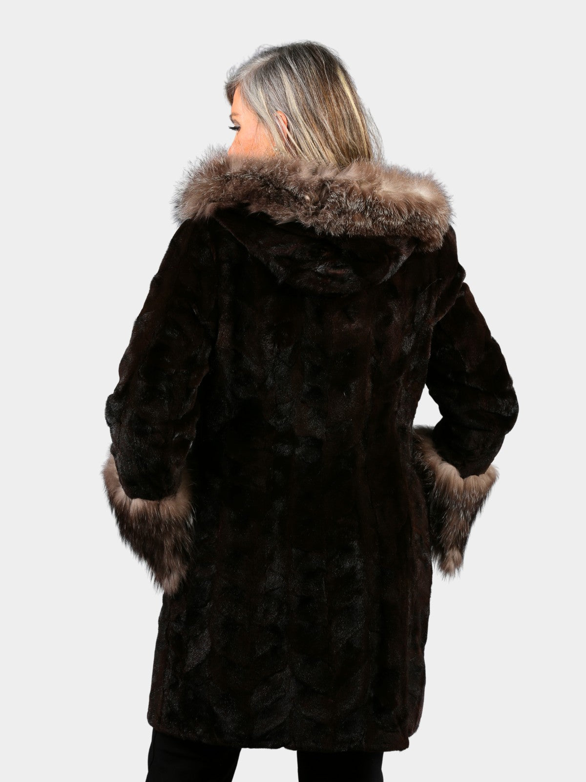 Woman's Deep Mahogany Semi Sheared Sculptured Mink Fur Stroller with Hood