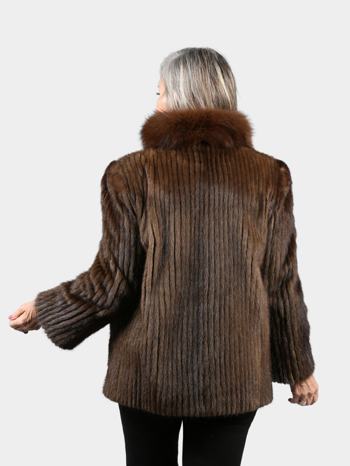 Woman's Mahogany Cord Cut Mink Fur Jacket with Fox Trim