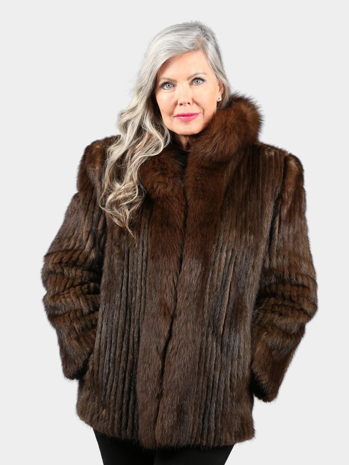 Woman's Mahogany Cord Cut Mink Fur Jacket with Fox Trim