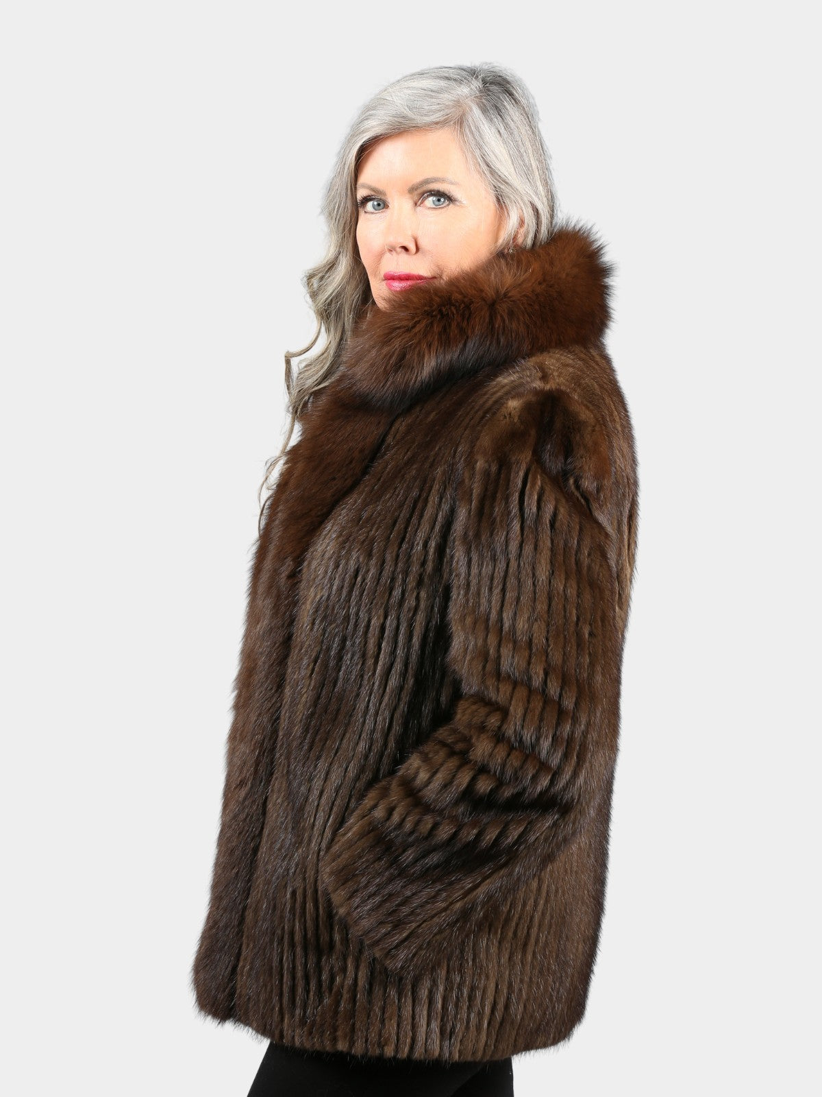 Woman's Mahogany Cord Cut Mink Fur Jacket with Fox Trim
