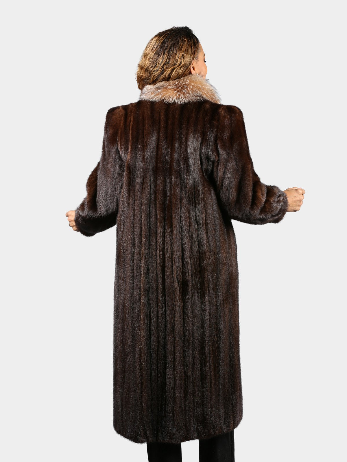 Woman's Mahogany Mink Fur Coat with Crystal Fox Tuxedo Front