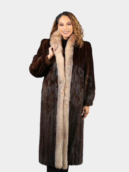 Woman's Mahogany Mink Fur Coat with Crystal Fox Tuxedo Front