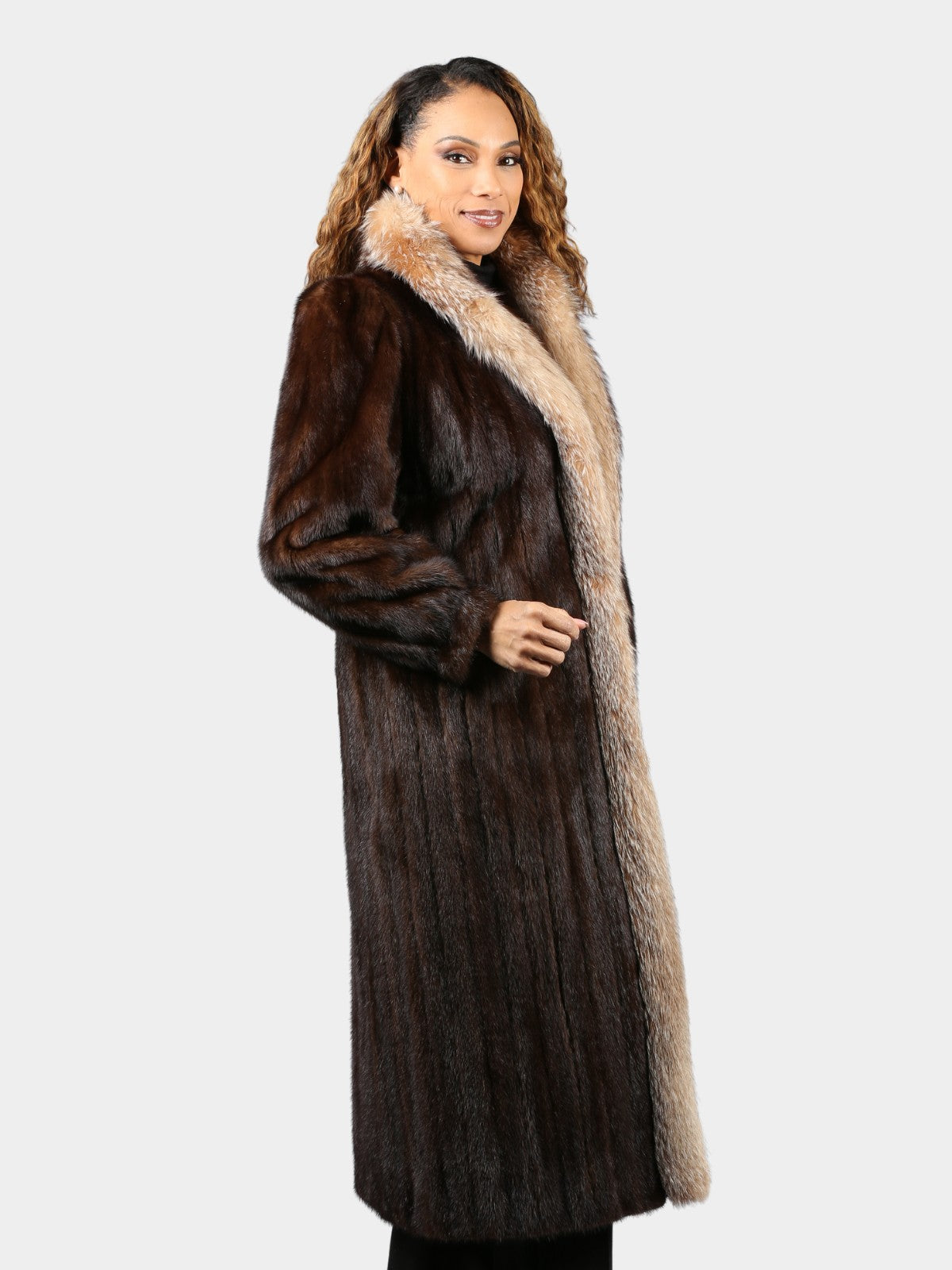 Woman's Mahogany Mink Fur Coat with Crystal Fox Tuxedo Front