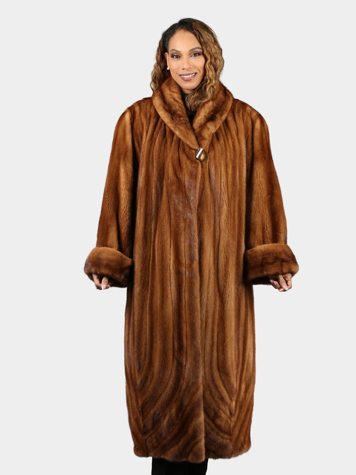 Woman's Plus Size Extra Long Demi Buff Female Mink Fur Coat with Directional Design