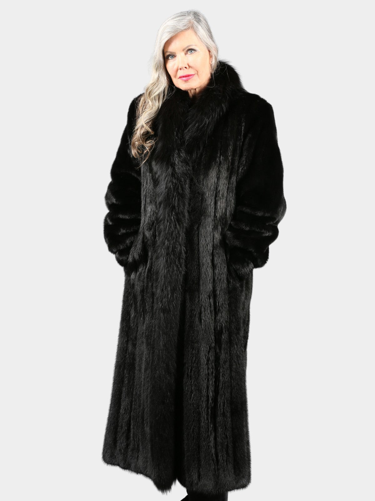 Woman's Ranch Mink Fur Coat with Dyed Black Fox Tuxedo Front