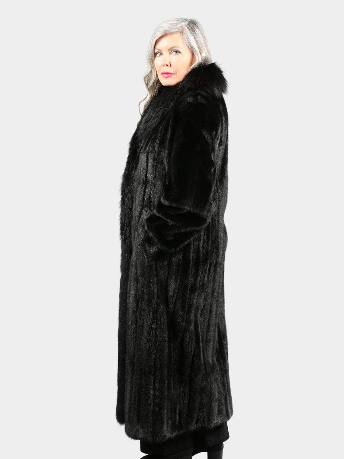 Woman's Ranch Mink Fur Coat with Dyed Black Fox Tuxedo Front