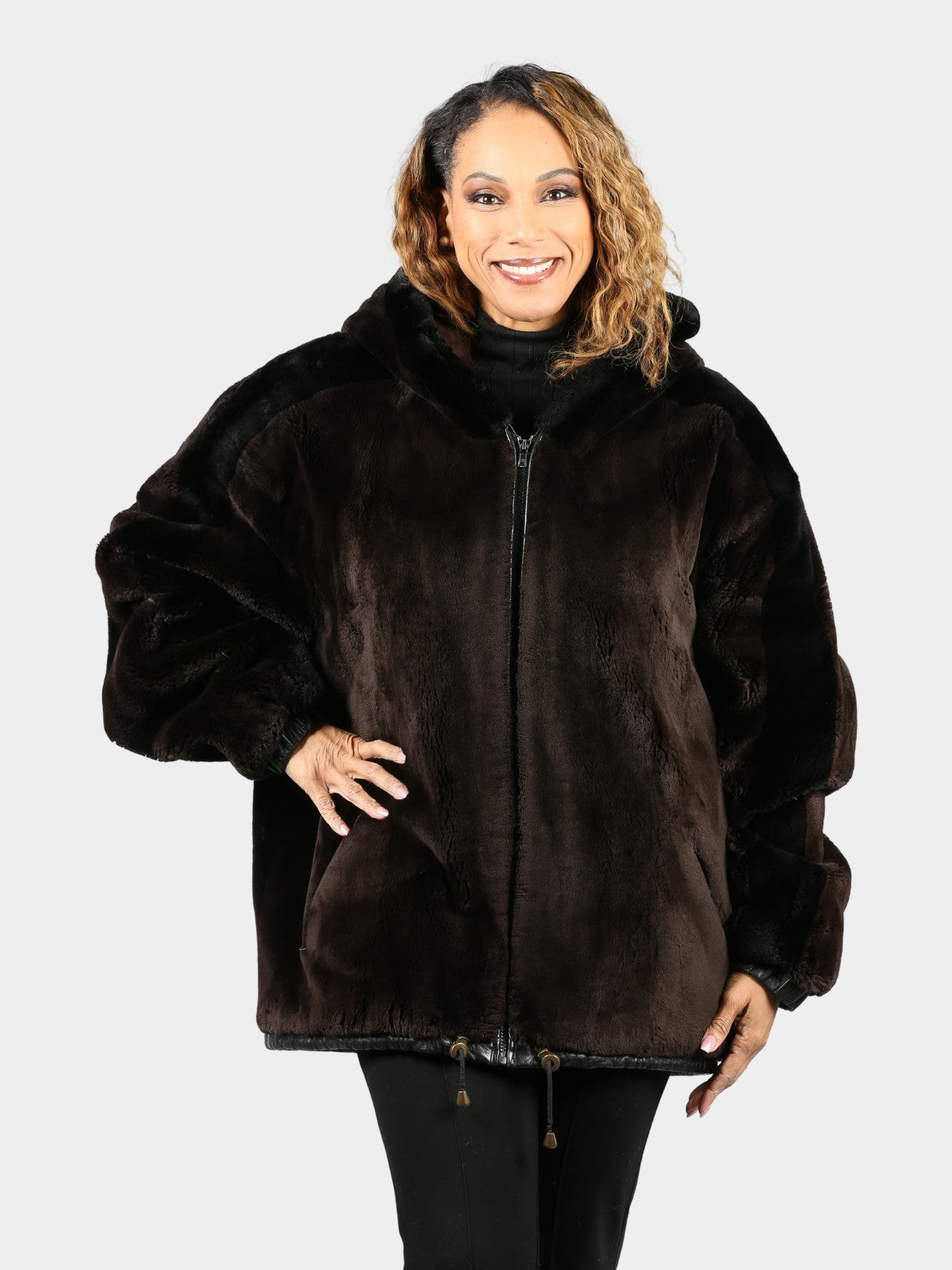 Woman's Plus Size Dyed Matara and Onyx Sheared Beaver Fur Parka Unisex Style Long Sleeves