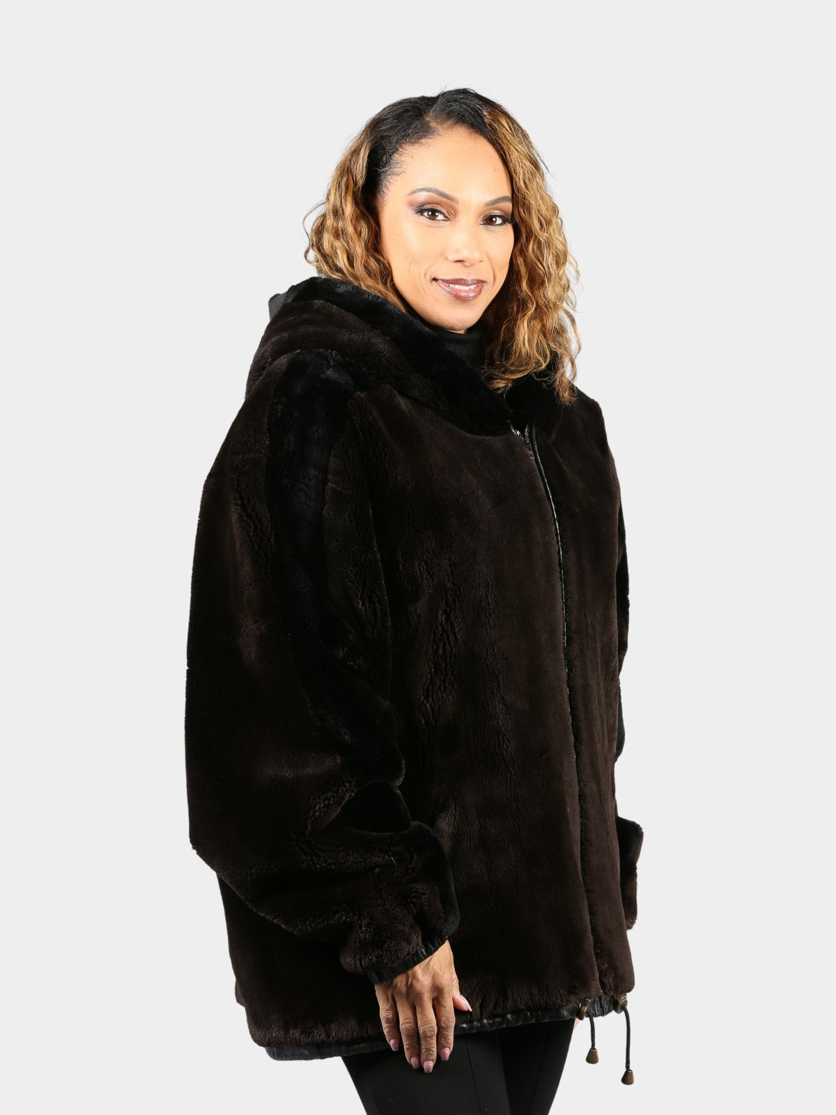 Woman's Plus Size Dyed Matara and Onyx Sheared Beaver Fur Parka Unisex Style Long Sleeves
