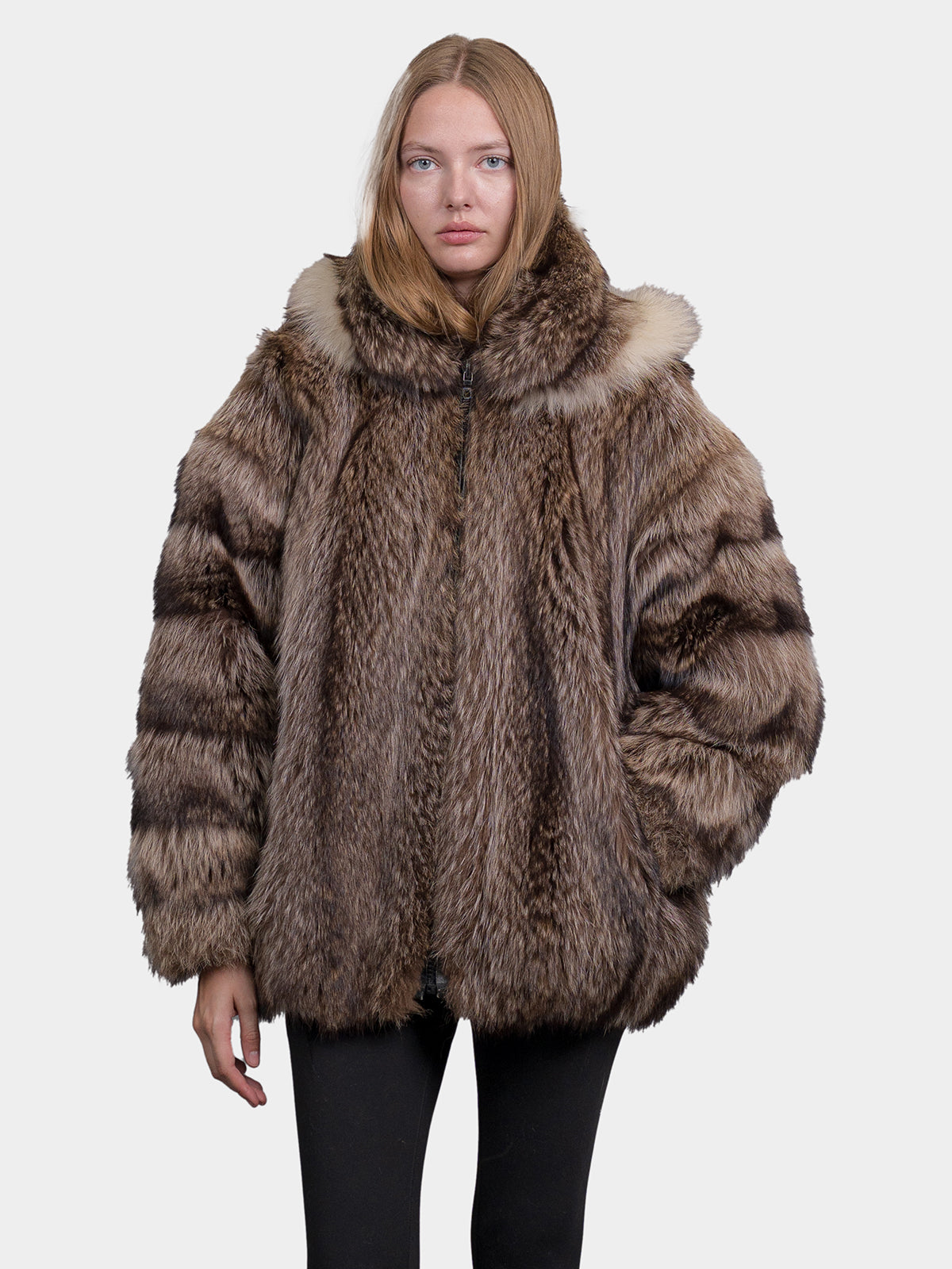 Women's Natural Raccoon Jacket With Hood