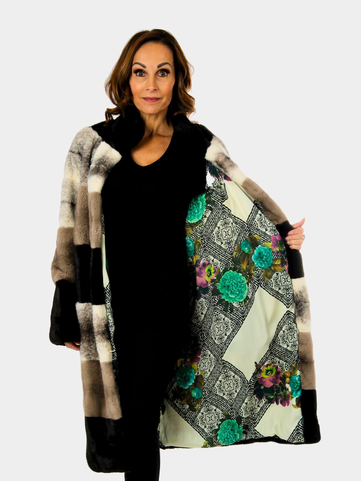 Woman's Tri-Color Mink Fur 7/8 Coat