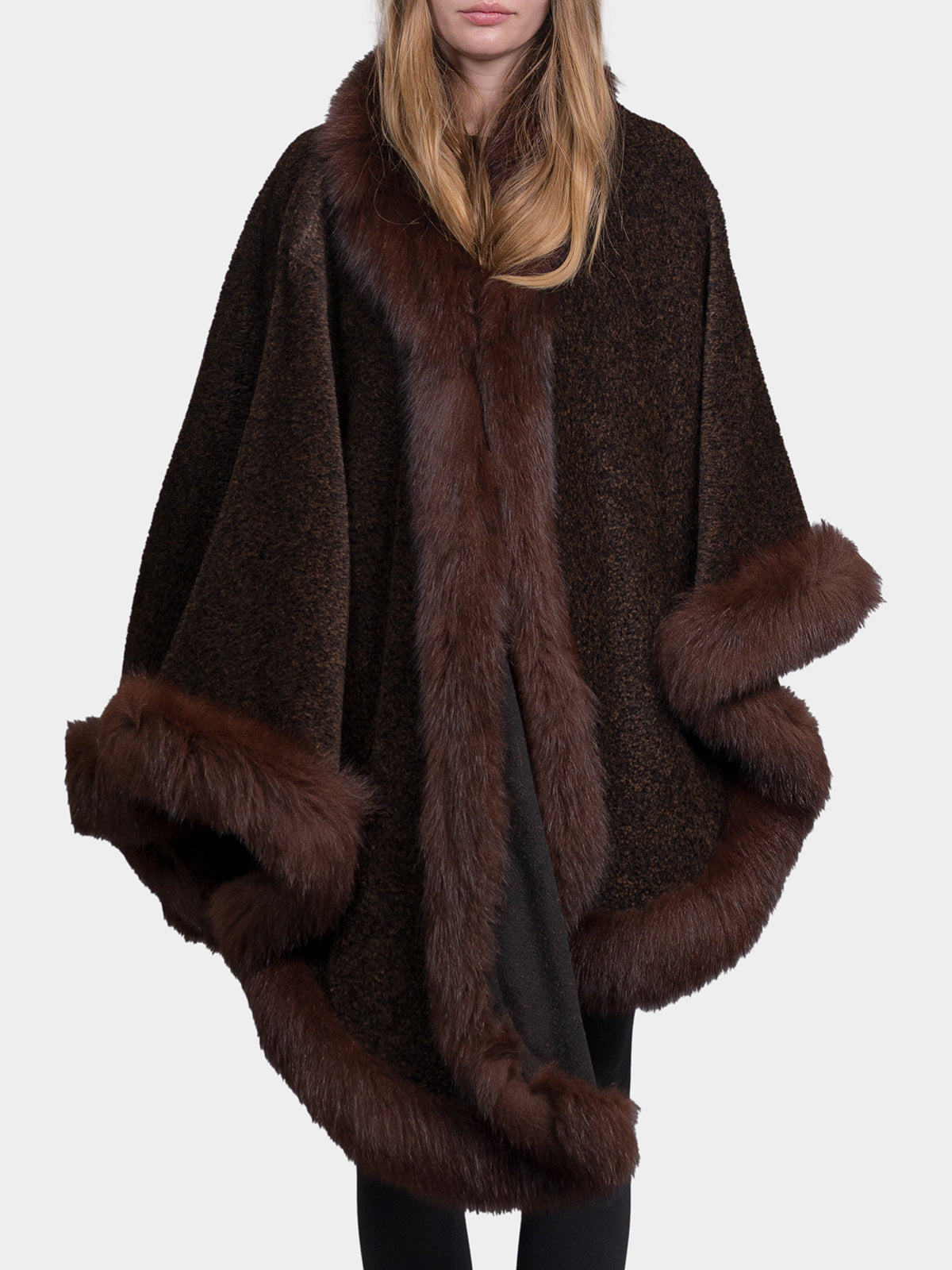 Women's Brown Cloth Cape With Fox Trim