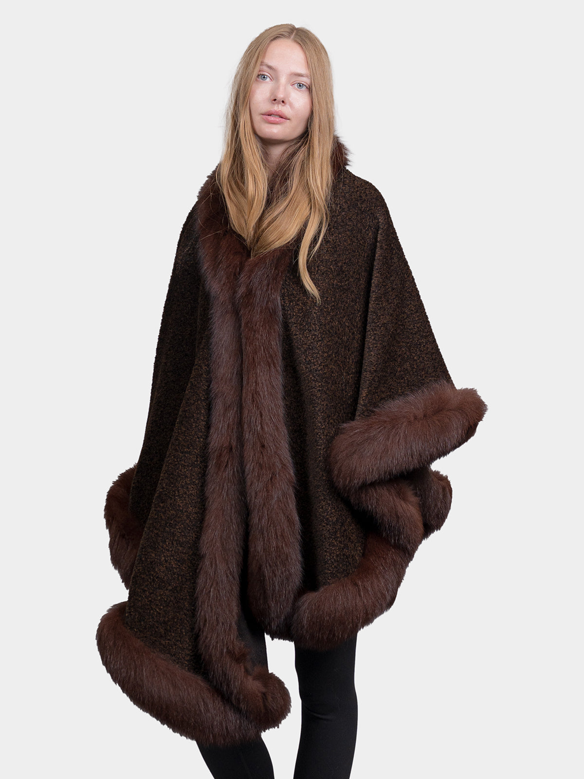 Women's Brown Cloth Cape With Fox Trim