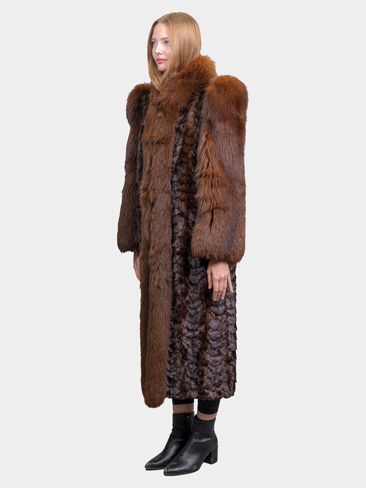 Women's Mahogany Mink Section Coat with Fox Tuxedo