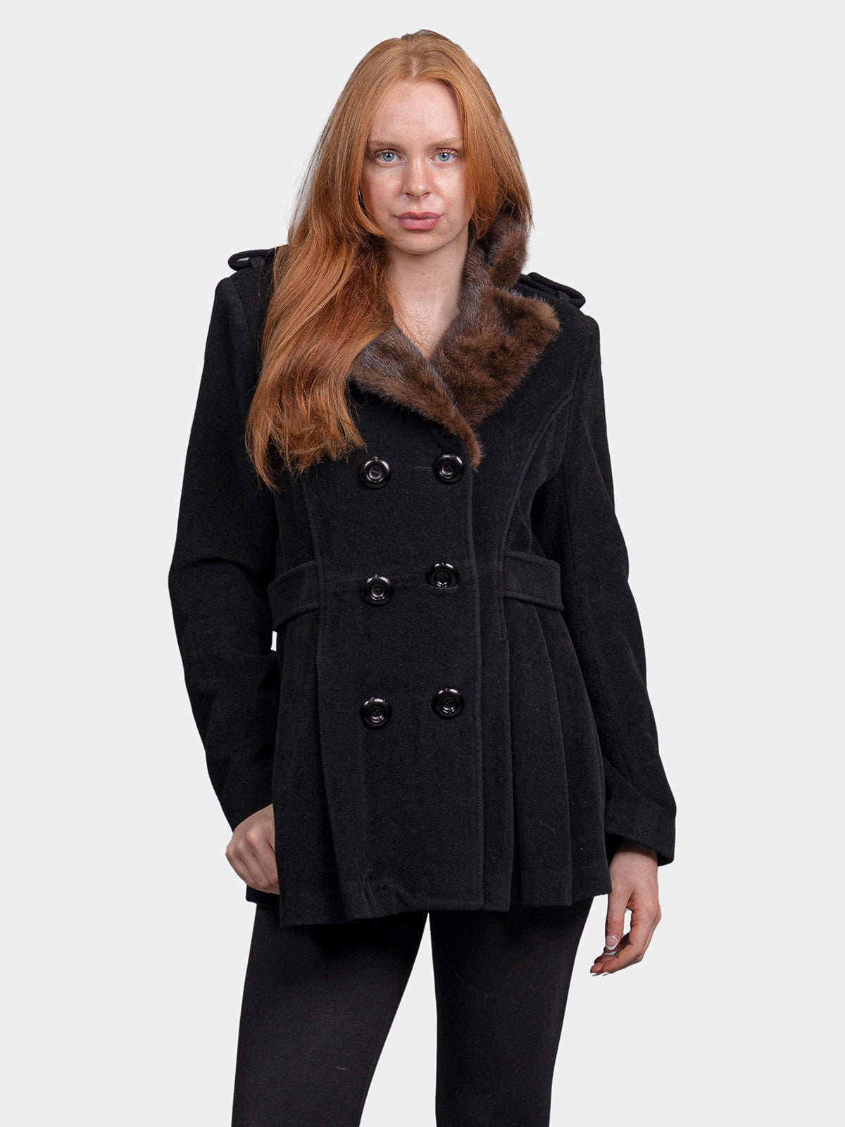 Women's Black Wool Jacket with Mahogany Mink Collar