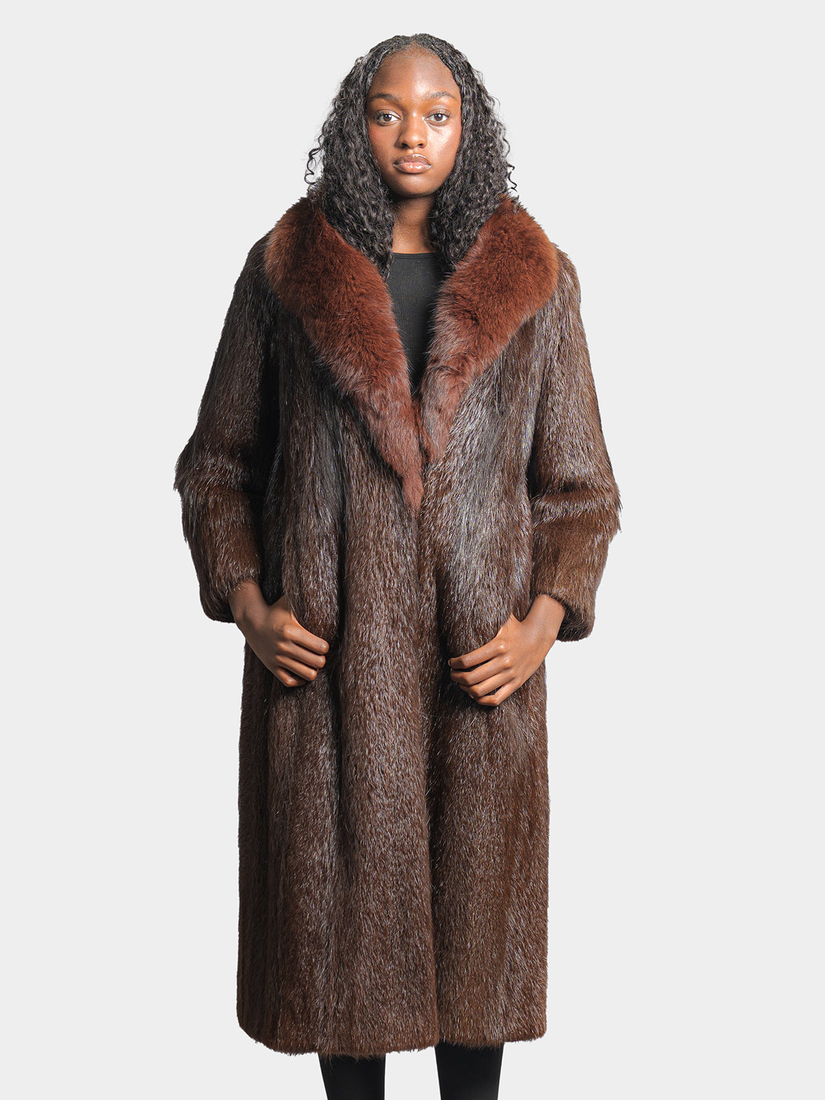 Women's Brown Nutria Coat with Fox Collar